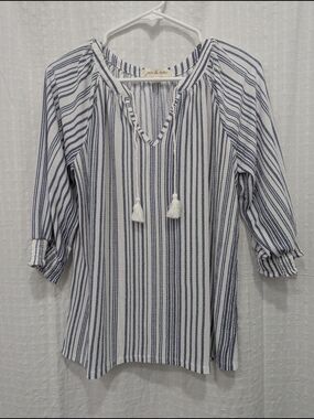 Striped Navy and White Peasant Top with Tassel Tie Coastal Preppy Fisherman